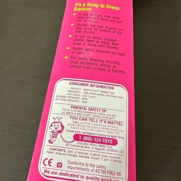 Snap N Play Barbie Doll Vintage 1991 Snap On Clothes 1990s Blonde New In Box - Picture 10 of 12